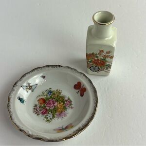 Floral Porcelain Dish & Bud Vase Set Gold Leaf Edge Multicolor Mini Cottagecore